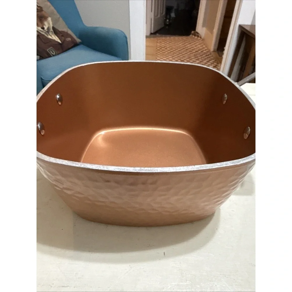 Square Non-Stick Frying Handled Deep Pan Lid Basket -Gotham Steel Copper EUC